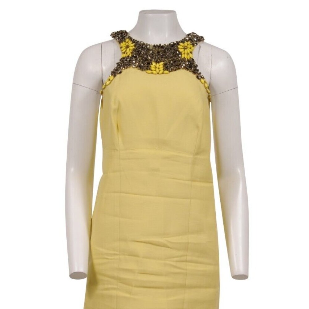 Monique Lhuillier Womens Embellished Crystal Midi Dress US 10 Yellow Cotton